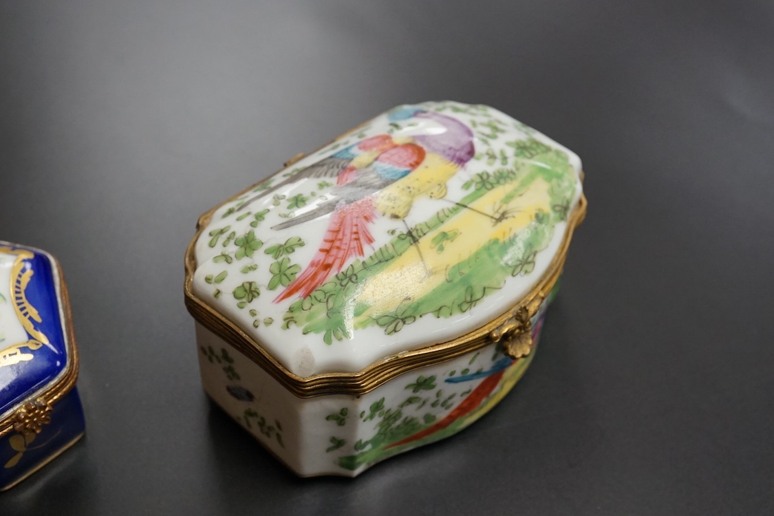 A collection of Continental hand painted and enamelled patch boxes, largest 9cm wide